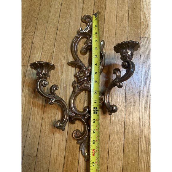 VTG Ornate Gold Wall Sconce 17" | Double Candle Holder Hollywood Regency Elegant - Picture 7 of 7